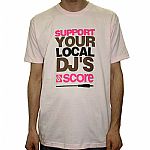 Support Your Local DJ T Shirt (pink with multicoloured logo)