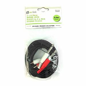 AV Link 2 x 6.3mm (1/4") Mono Jack Plugs To 2 x RCA Plugs Cable (5m, black)