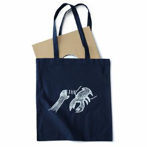 Lobster Theremin Tote Bag (navy blue with white logo print)