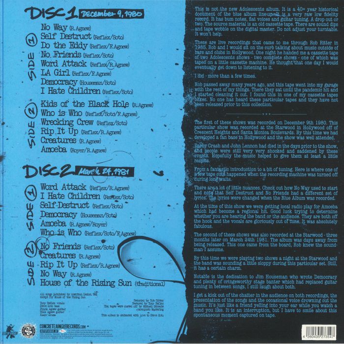 ADOLESCENTS - The Rob Ritter Tapes: Live At Starwood 1980-1981