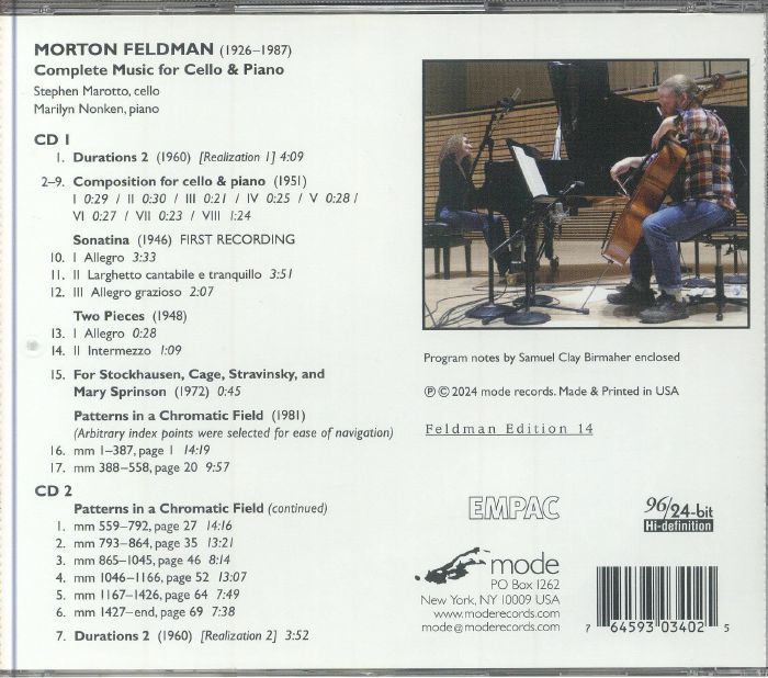 FELDMAN, Morton/STEPHEN MAROTTO/MARILYN NONKEN - Feldman: Complete Music For Cello & Piano Vol 14