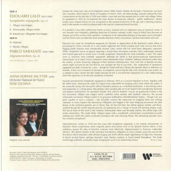 LALO, Edouard/PABLO SARASATE/ANNE SOPHIE MUTTER/SEIJI OZAWA/ORCHESTRE NATIONAL DE FRANCE - Symphonie Espagnole/Zigeunerweisen (reissue)