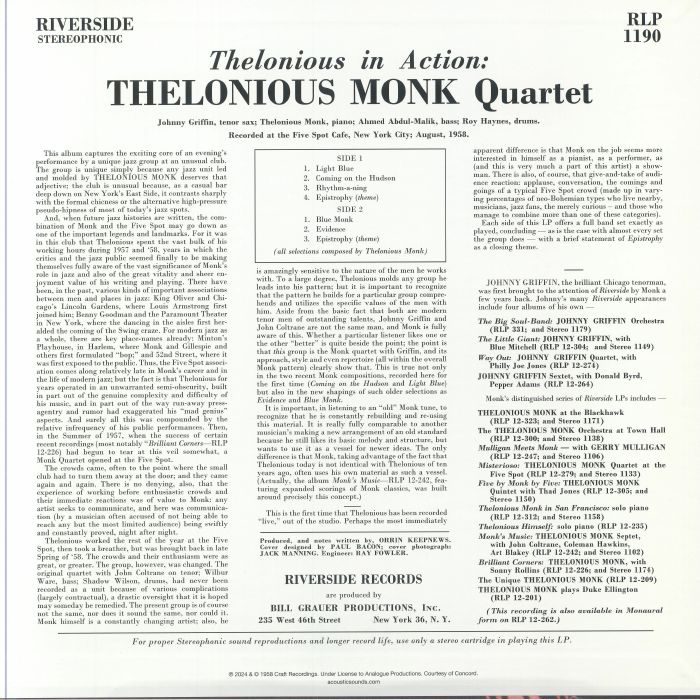 THELONIOUS MONK QUARTET with JOHNNY GRIFFIN - Thelonious In Action (reissue)