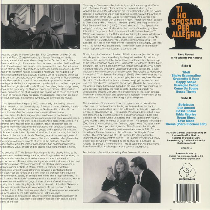 LP Ost, Piero Piccioni Ti Ho Sposato Per Allegria (Blue Vinyl) MPILP014 Musica Per Immagini 未開封 /00260 PICCIONI, Piero - Ti Ho Sposato Per Allegria - limited light blue