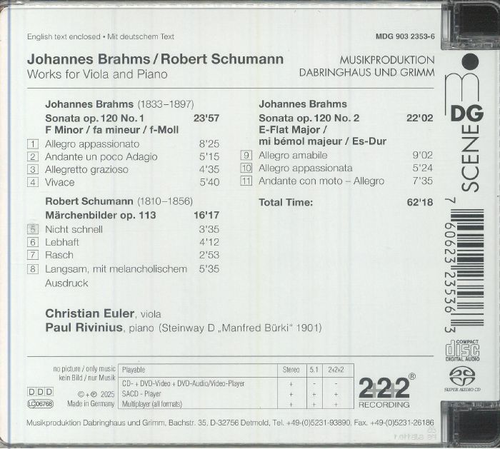 BRAHMS, Johannes/ROBERT SCHUMANN/CHRISTIAN EULER/PAUL RIVINIUS - Works For Viola & Piano