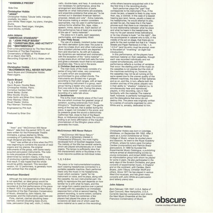 HOBBS, Christopher/JOHN ADAMS/GAVIN BRYARS - Ensemble Pieces (reissue)