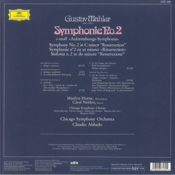 MAHLER, Gustav/MARILYN HORNE/CLAUDIO ABBADO/CAROL NEBLETT/CHICAGO SYMPHONY ORCHESTRA - Symphony No 2