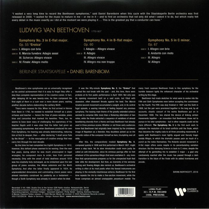 VAN BEETHOVEN, Ludwig/DANIEL BARENBOIM/STAATSKAPELLE BERLIN - Symphonies No 3 'Eroica' 4 & 5