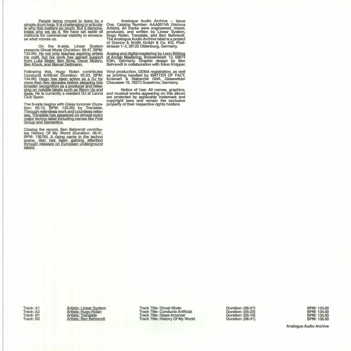 Linear System | Hugo Rolan | Translate | Ben Behrendt – Analogue Audio Archive 001 vinyl cover