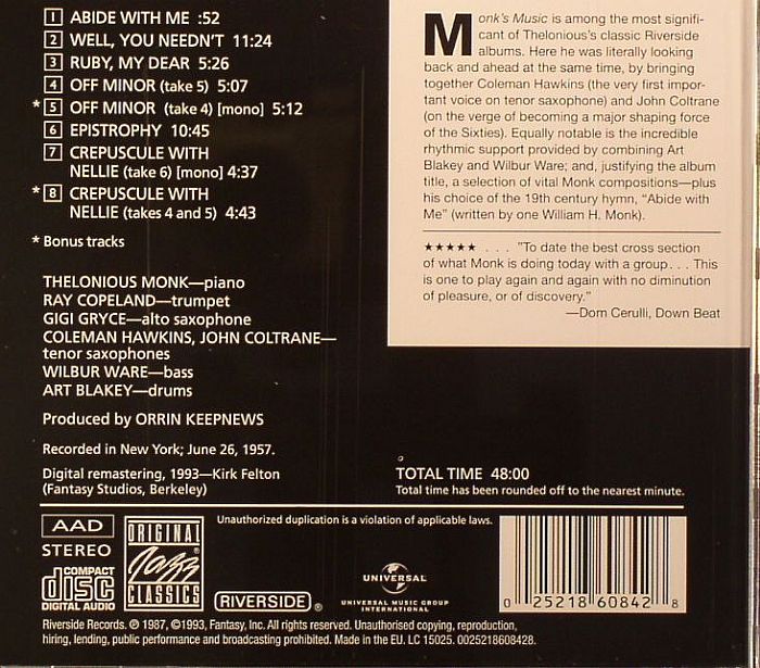 MONK, Thelonious - Monk's Music