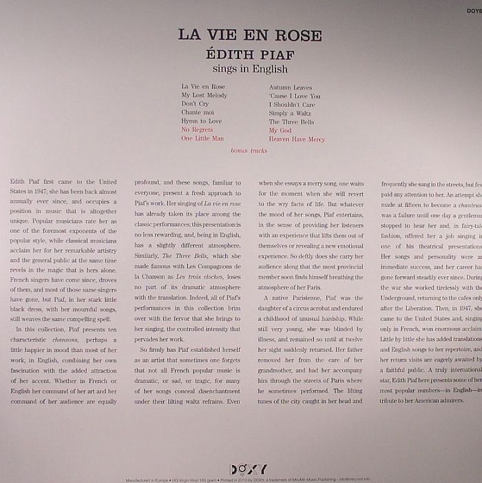 EDITH PIAF - La Vie En Rose: Edith Piaf Sings In English