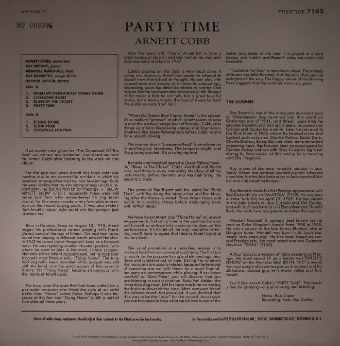 Arnett Cobb - Party Time Vinyl, LP, Album at Discogs
