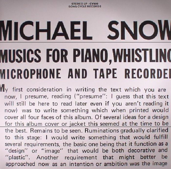 SNOW, Michael - Music For Piano Whistling Microphone & Tape Recorder (reissue)