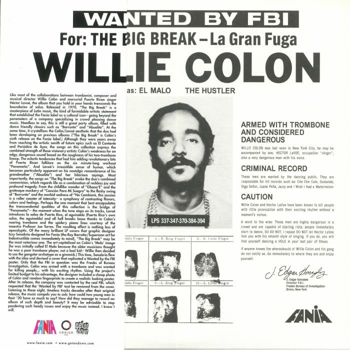 COLON, Willie - Wanted By The FBI For The Big Break: La Gran Fuga