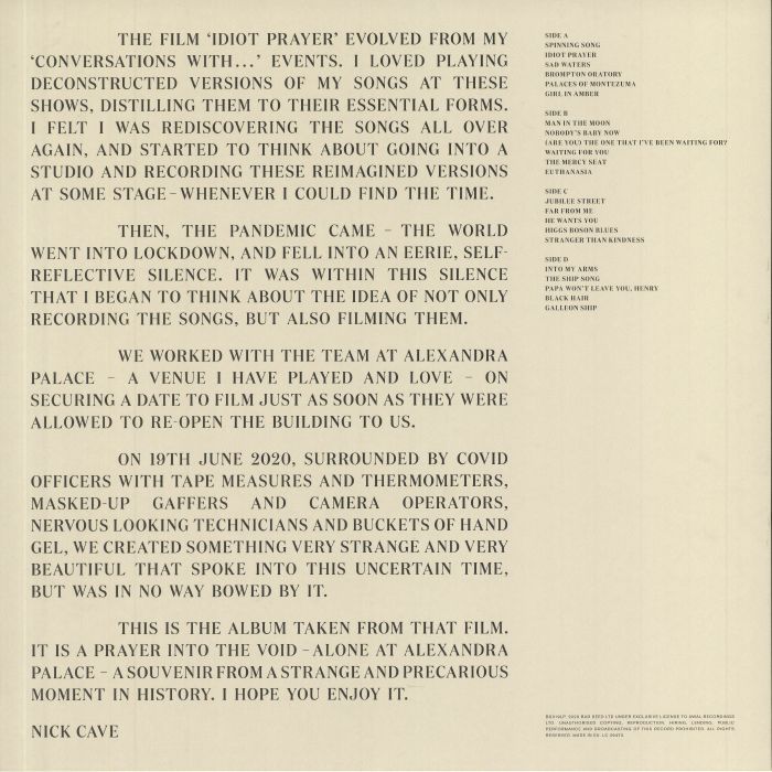 CAVE, Nick - Idiot Prayer: Alone At Alexandra Palace