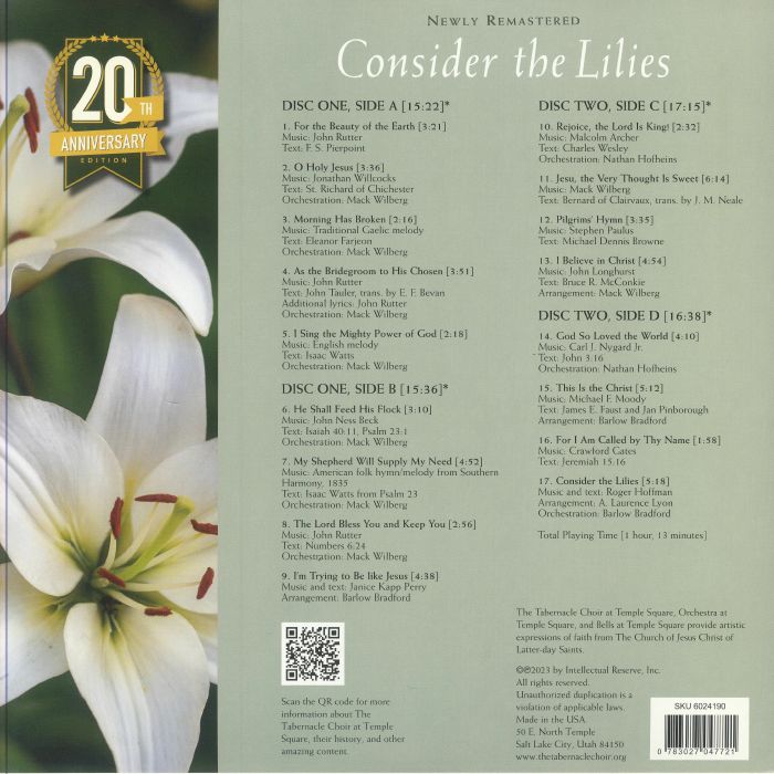 TABERNACLE CHOIR, The - The Tabernacle Choir At Temple Square: Consider The Lilies (20th Anniversary Edition)