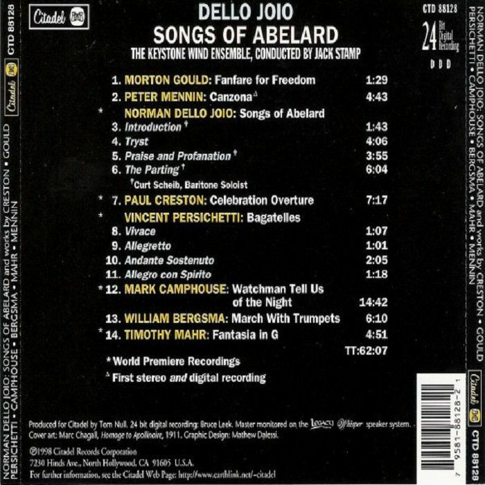 JOIO, Norman Dello - Songs Of Abelard And Other World Premieres