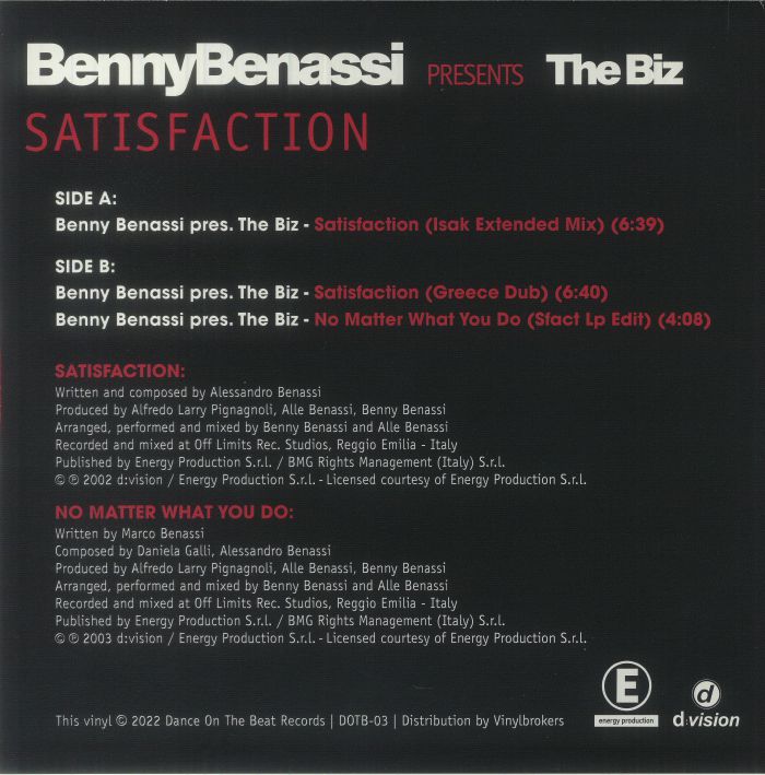 BENASSI, Benny presents THE BIZ - Satisfaction (reissue)