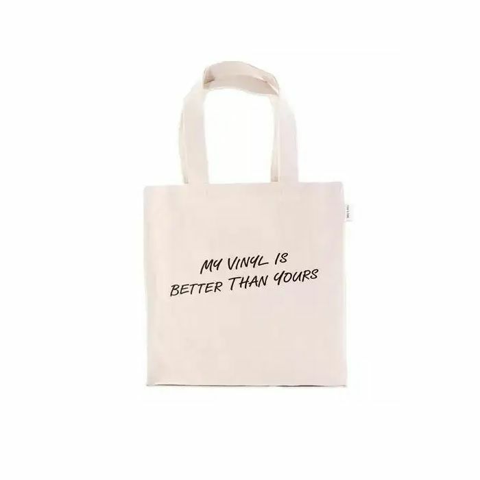 DISK UNION - Disk Union My Vinyl Is Better Than Yours Typography Tote Bag (white with black logo)