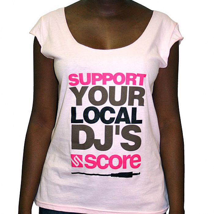 SCORE - Support Your Local DJ T Shirt (pink with multicoloured logo)