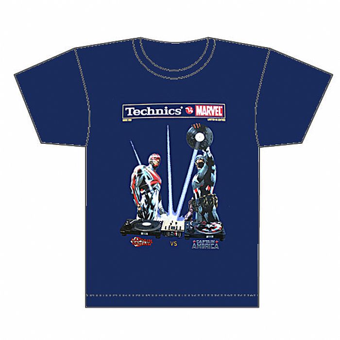 TECHNICS vs MARVEL - Captain Britain vs Captain America T-Shirt (blue with multicoloured logo)