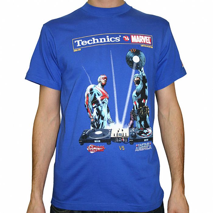 Captain Britain vs Captain America T Shirt blue with multicoloured logo