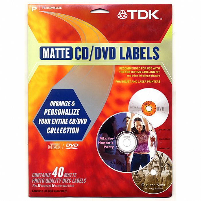 TDK - TDK Matte CD/DVD Labels (contains 40 matte photo quality disc labels, plus 80 spine & 80 centre/core labels, recommended for use with TDK CD/DVD labelling kit & other labelling kits, for inkjet & laser printers)