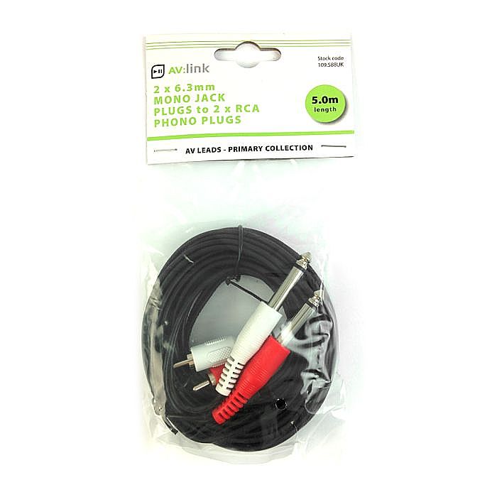AV LINK - AV Link 2 x 6.3mm (1/4") Mono Jack Plugs To 2 x RCA Plugs Cable (5m, black)