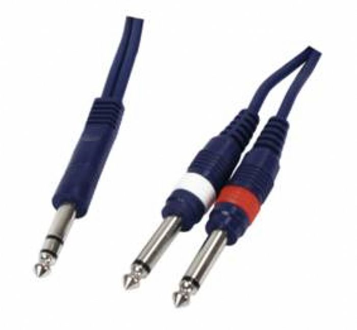 INSTRUMENT CABLE - Stereo 6.3mm Jack Plug To 2 x Mono 6.3mm Jack Plugs (blue, 1.5m)