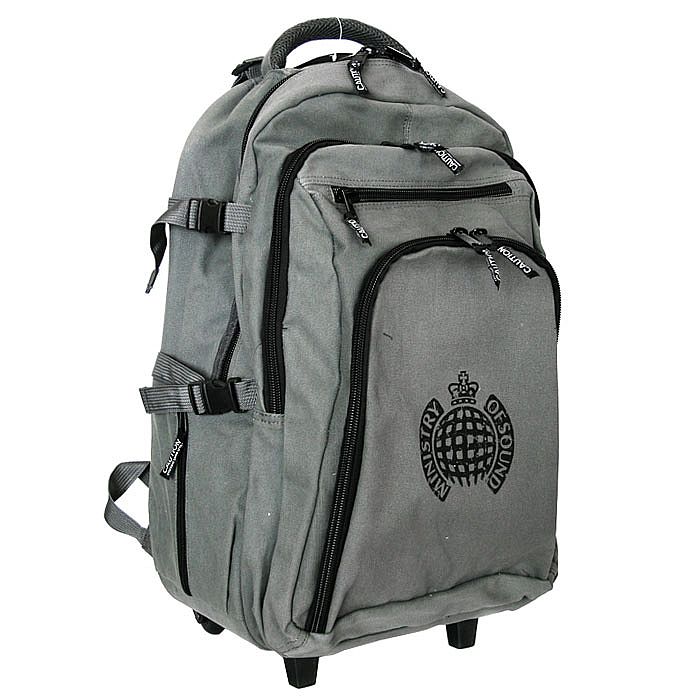 MINISTRY OF SOUND - Ministry Of Sound 2009 Trolley Backpack (charcoal grey) (ideal travel bag, heavy duty canvas, universal functioning, trolley or backpack, padded back for comfort, single tube pulling mechanism, multi zip pockets, distressed print logo detail, fully lined)