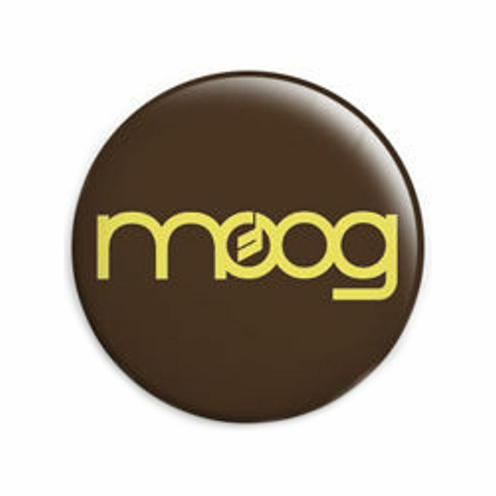 MOOG BADGE - Moog Text Logo Pin Badge (yellow writing on black background)