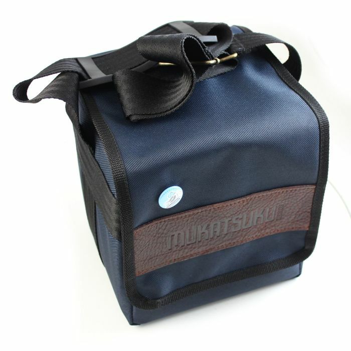 MUKATSUKU - Mukatsuku Records Are Our Friends Polyester 7" 45 Record Bag (navy with embossed vintage brown leather patch, holds up to 80 singles) (Juno Exclusive)
