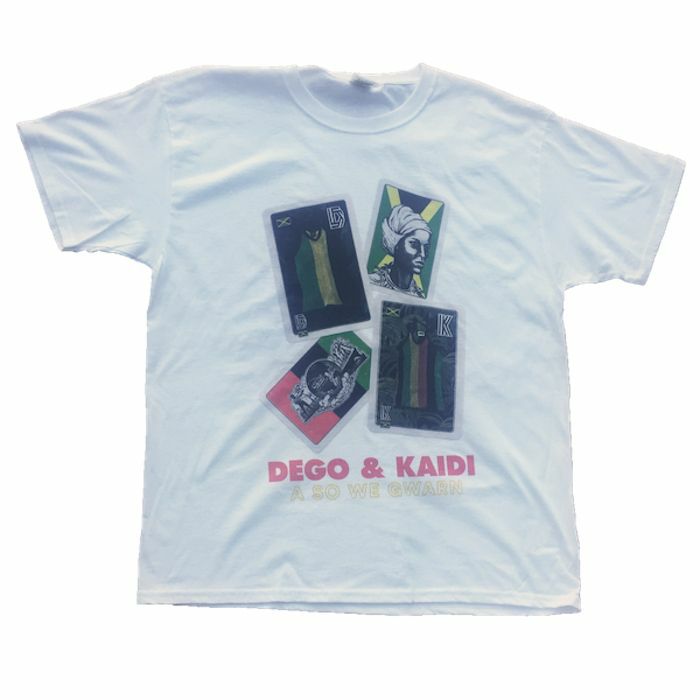 DEGO & KAIDI - A So We Gwarn T Shirt (white with multicoloured print, small)