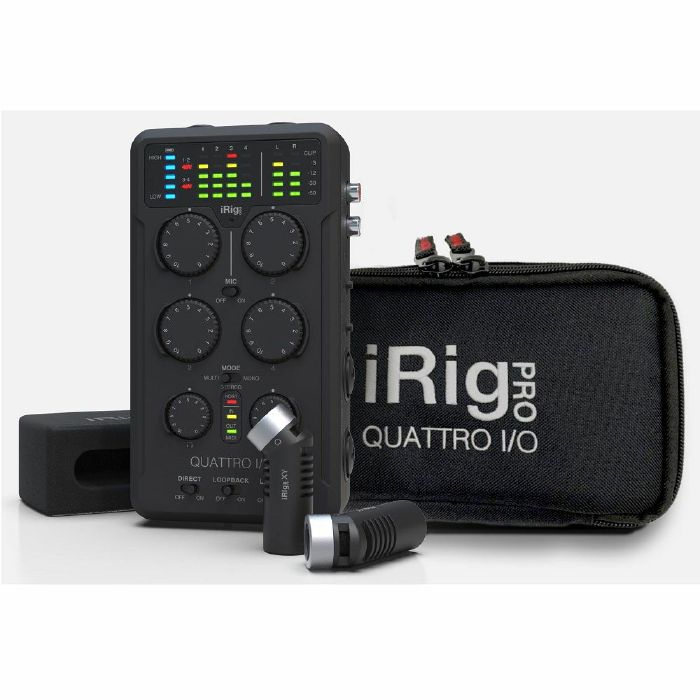 IK MULTIMEDIA - IK Multimedia iRig Pro Quattro I/O Deluxe 4in/2out Portable Audio & MIDI Interface (2x iRig MIC XY stereo microphones + windscreen + 9V PSU + travel case)